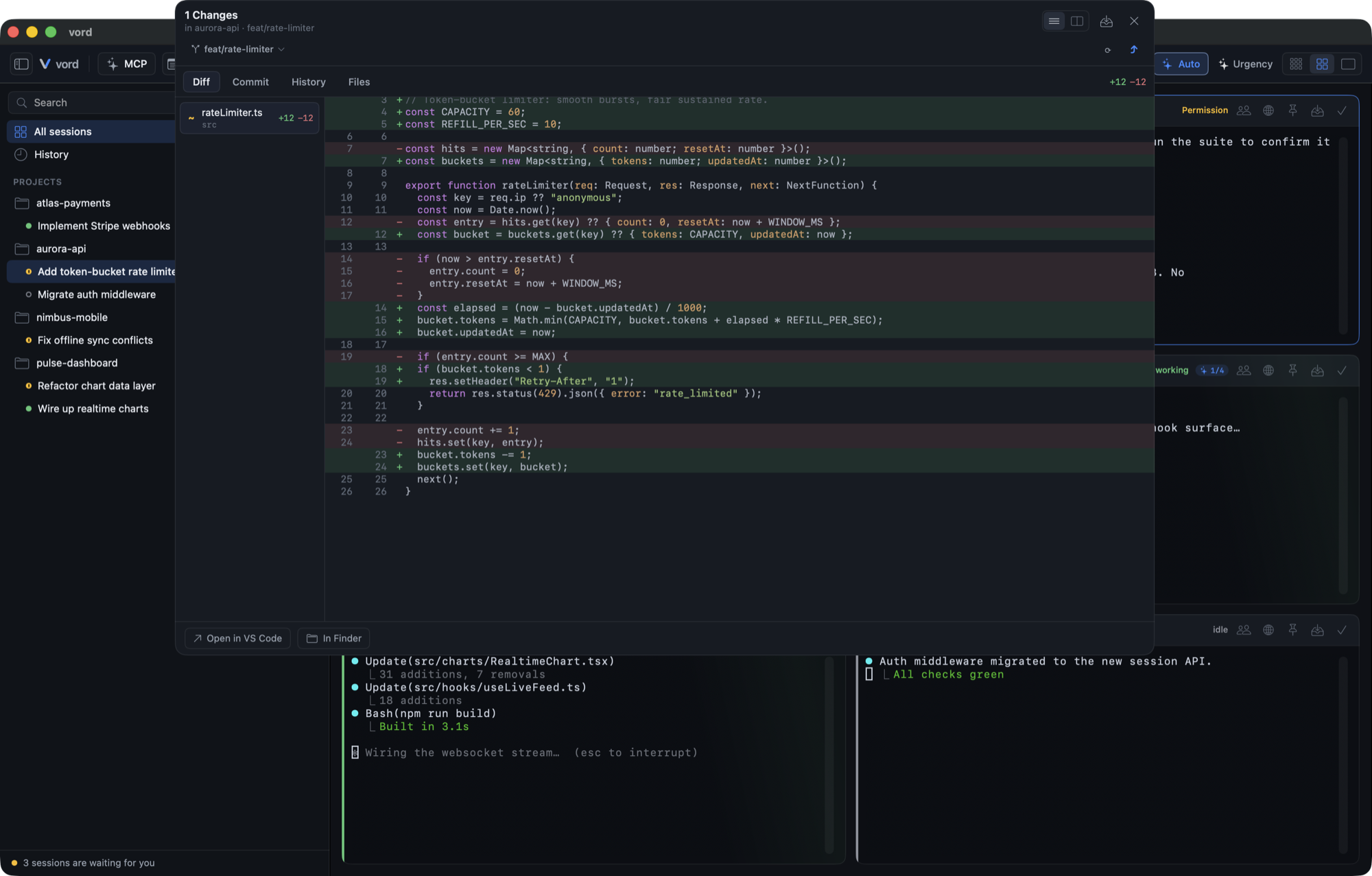 vord git inspector showing a unified diff with syntax highlighting and hunk-level commit