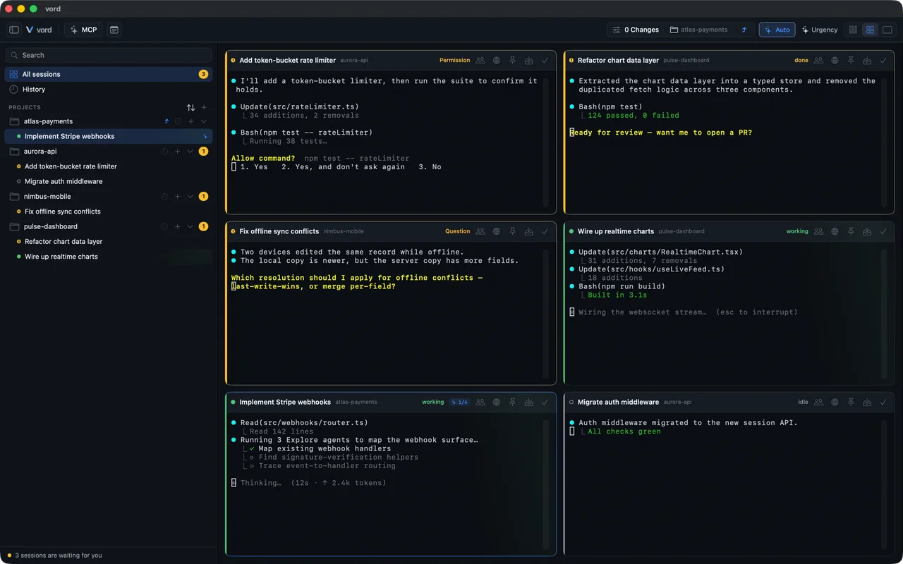 vord cockpit — every AI coding session in one grid, sorted by status