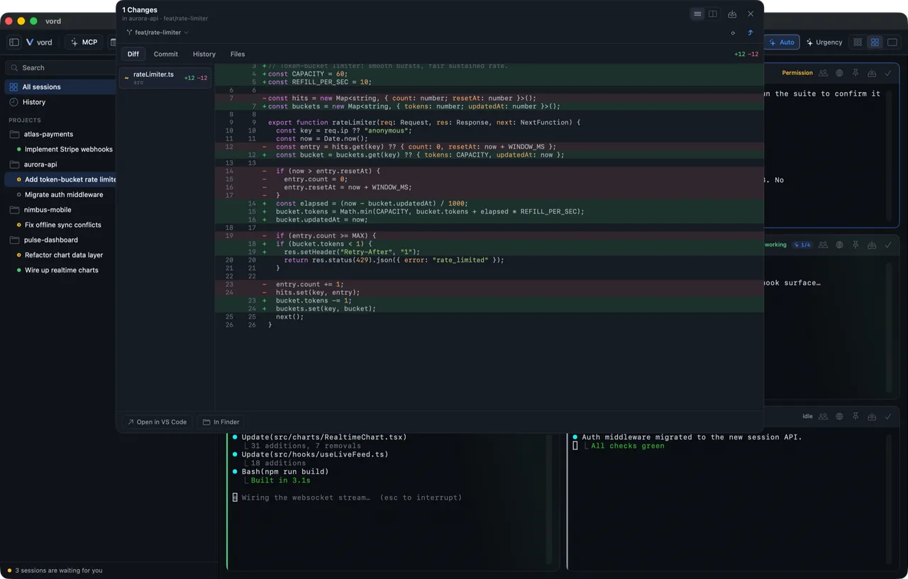 vord git inspector showing a unified diff with syntax highlighting and hunk-level commit