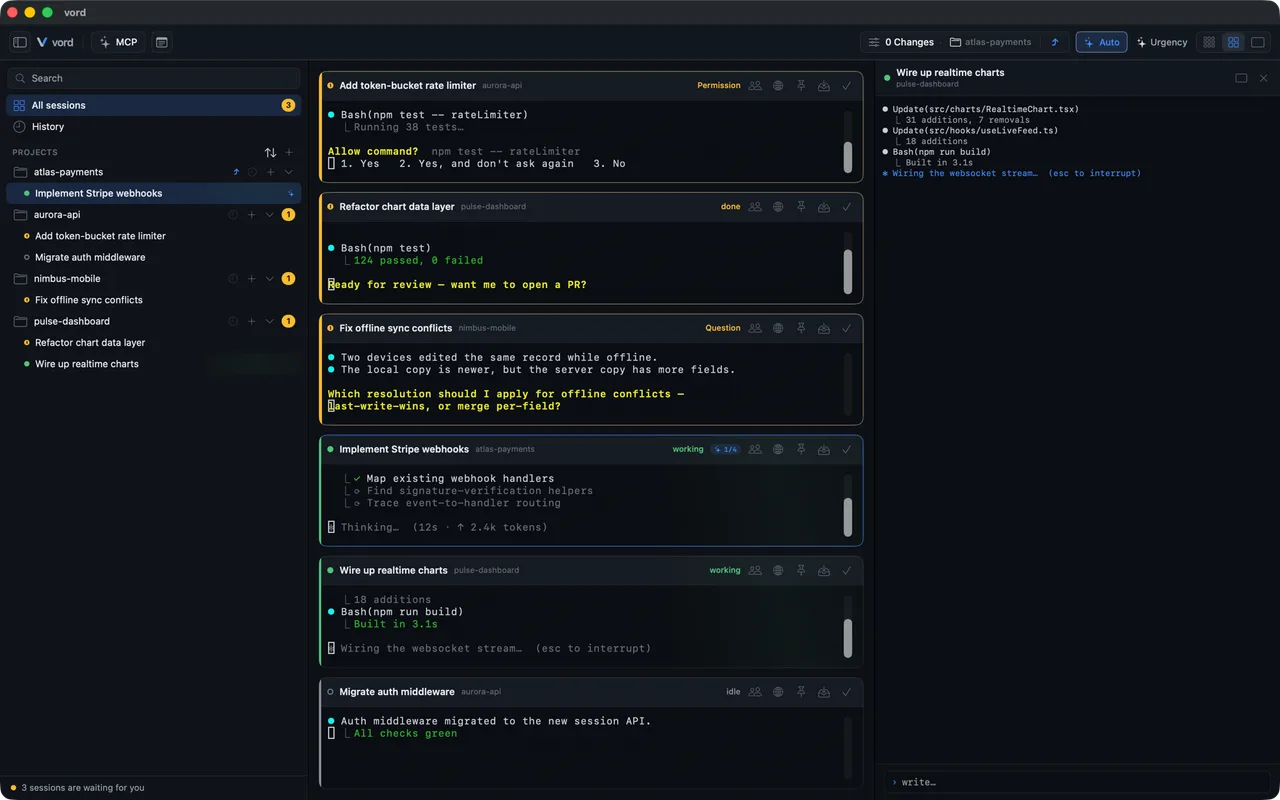 vord cockpit with the inspector open beside a live session list of mixed statuses
