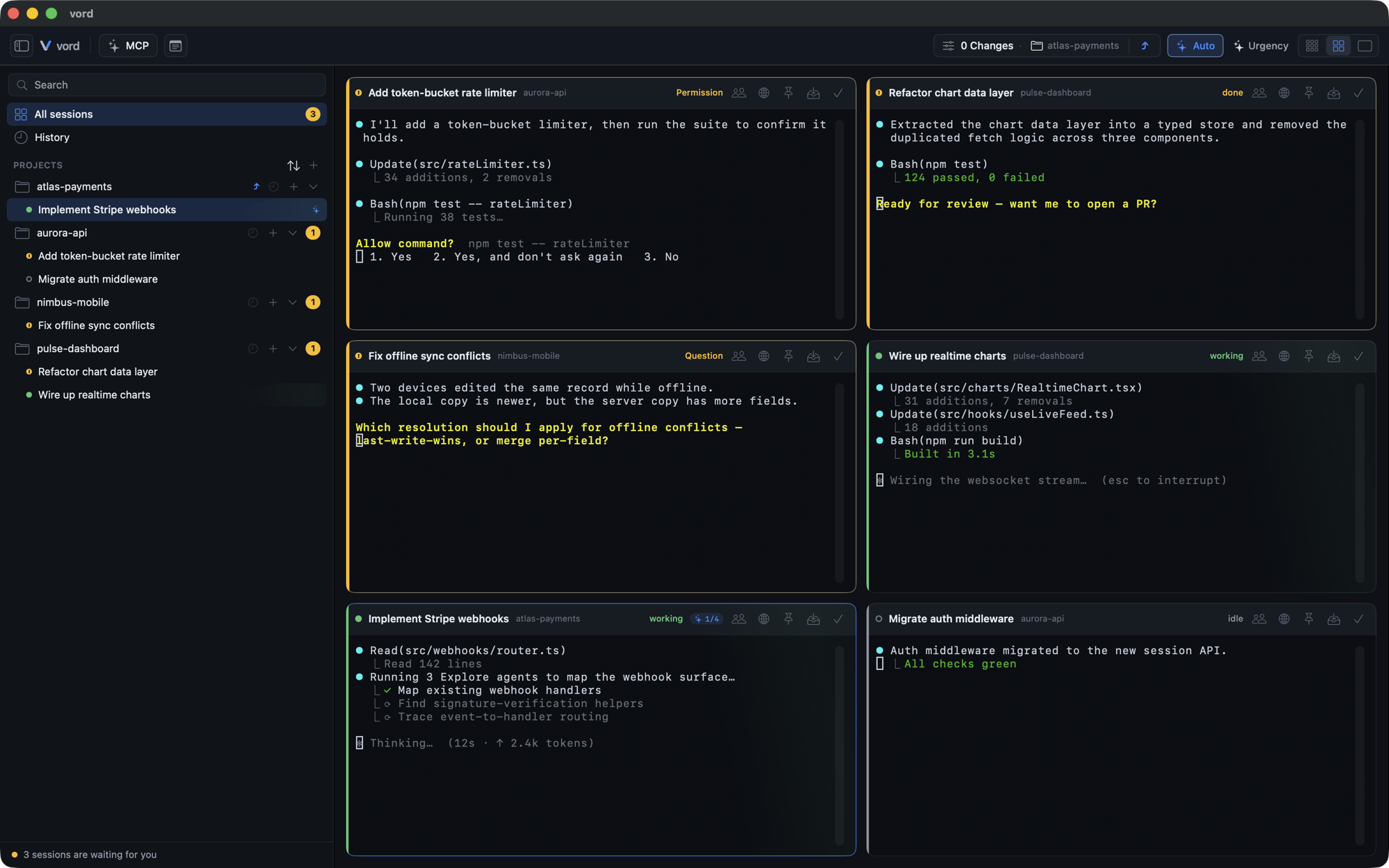 vord cockpit — every AI coding session in one grid, sorted by status