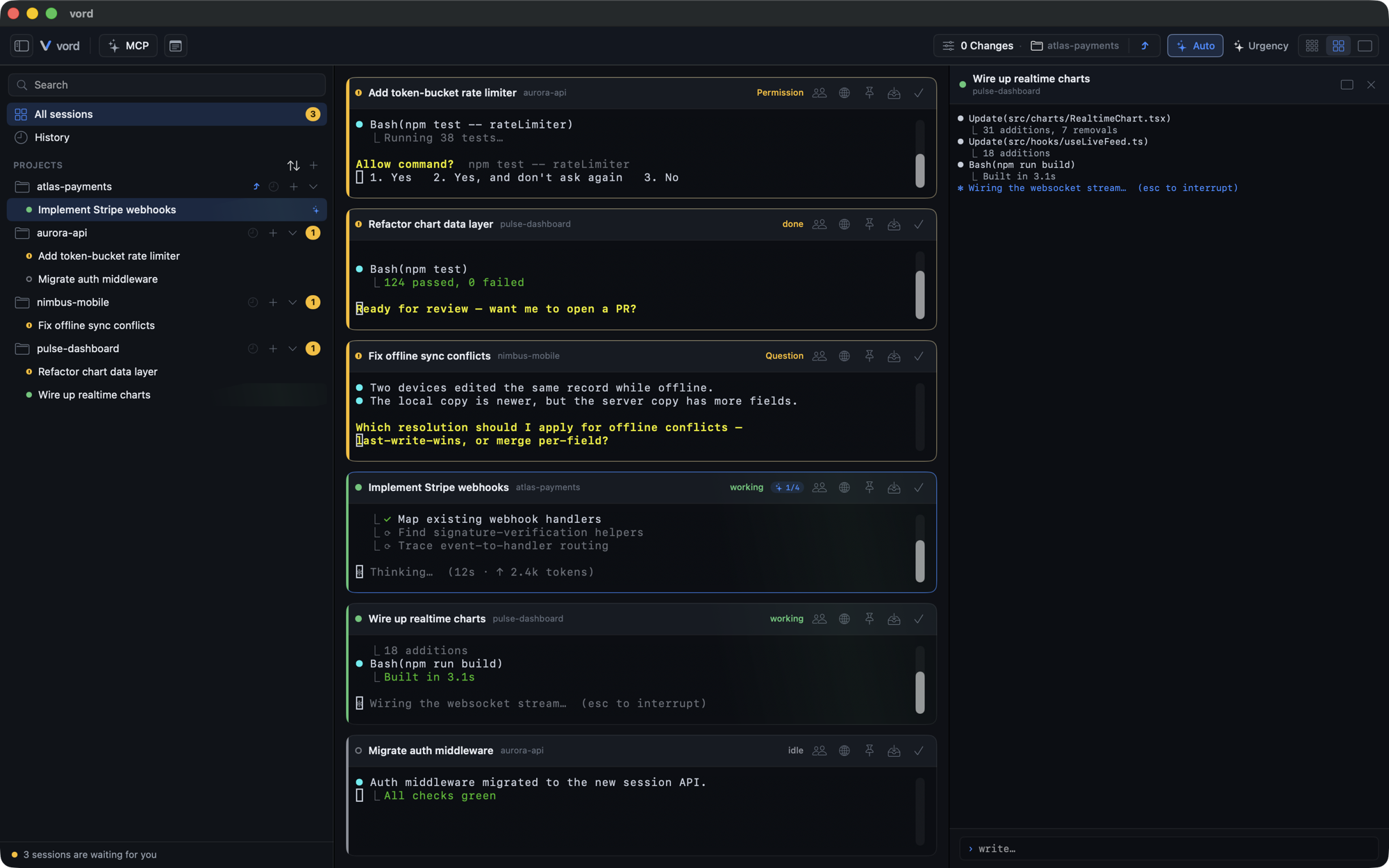 vord cockpit with the inspector open beside a live session list of mixed statuses
